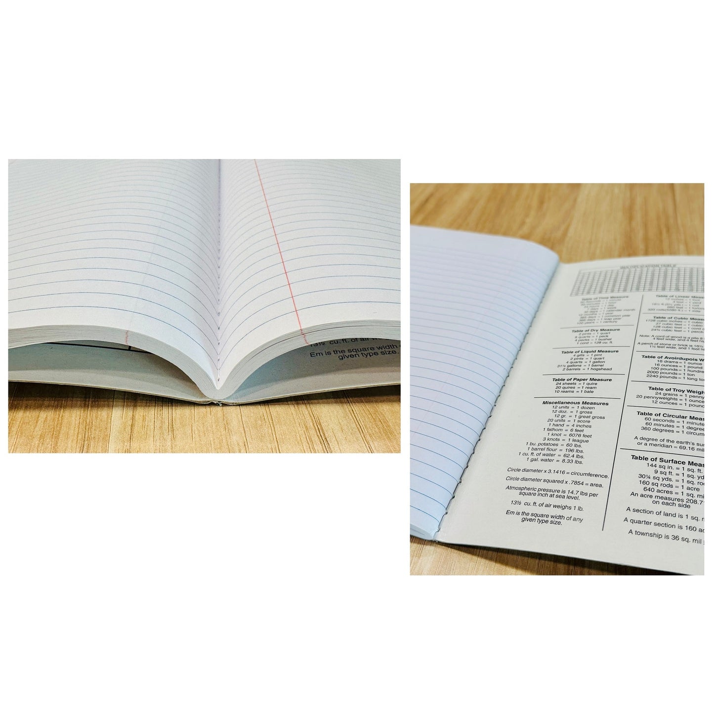 An open notebook with lined pages and conversion tables.
