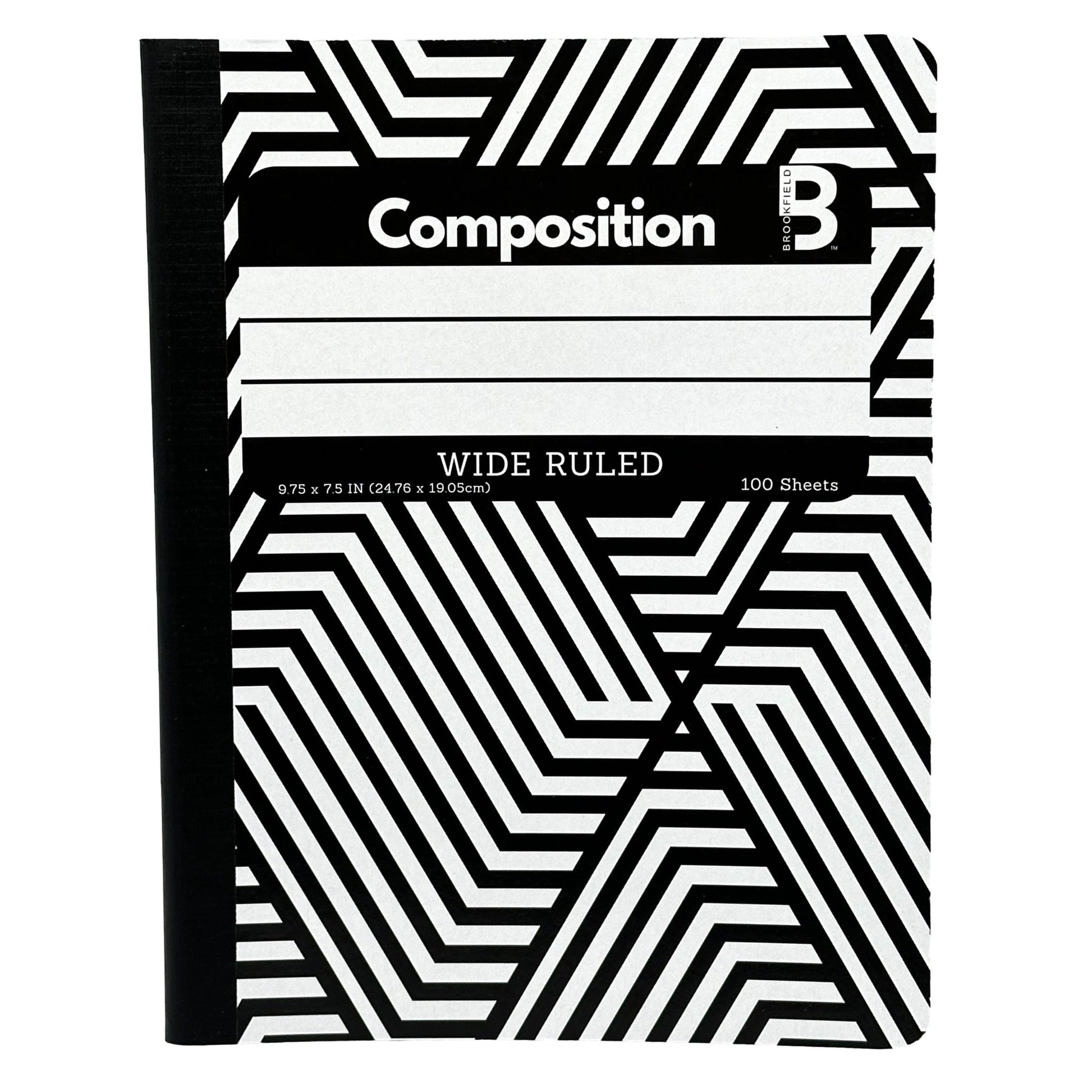 Composition notebook with a black and white geometric cover, black spine, and white lined pages.