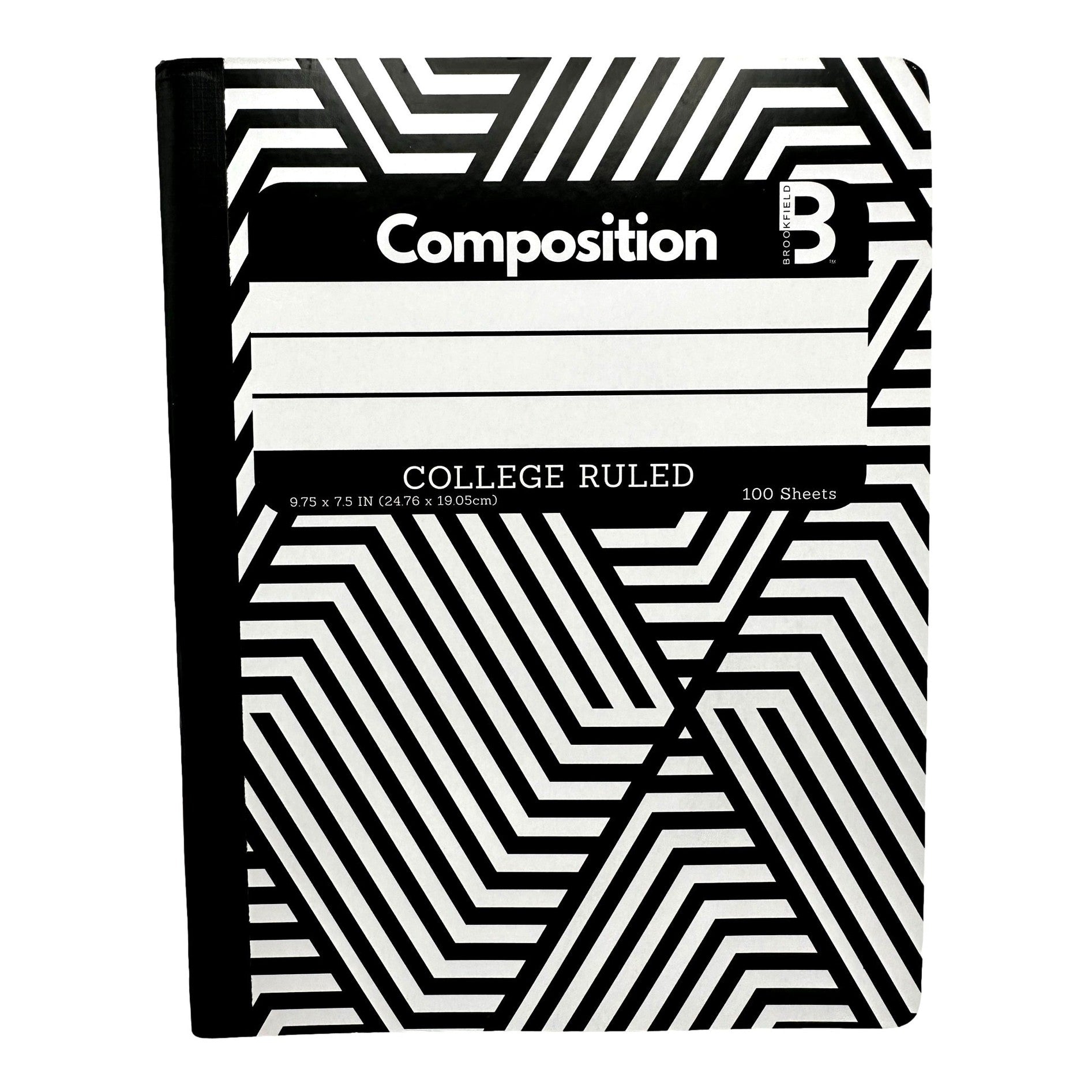 Black and white composition notebook with geometric pattern.