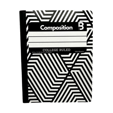Black and white composition notebook with bold geometric pattern.