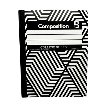 Black and white composition notebook with bold geometric pattern.