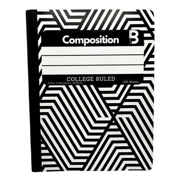 Black and white composition notebook with bold geometric pattern.