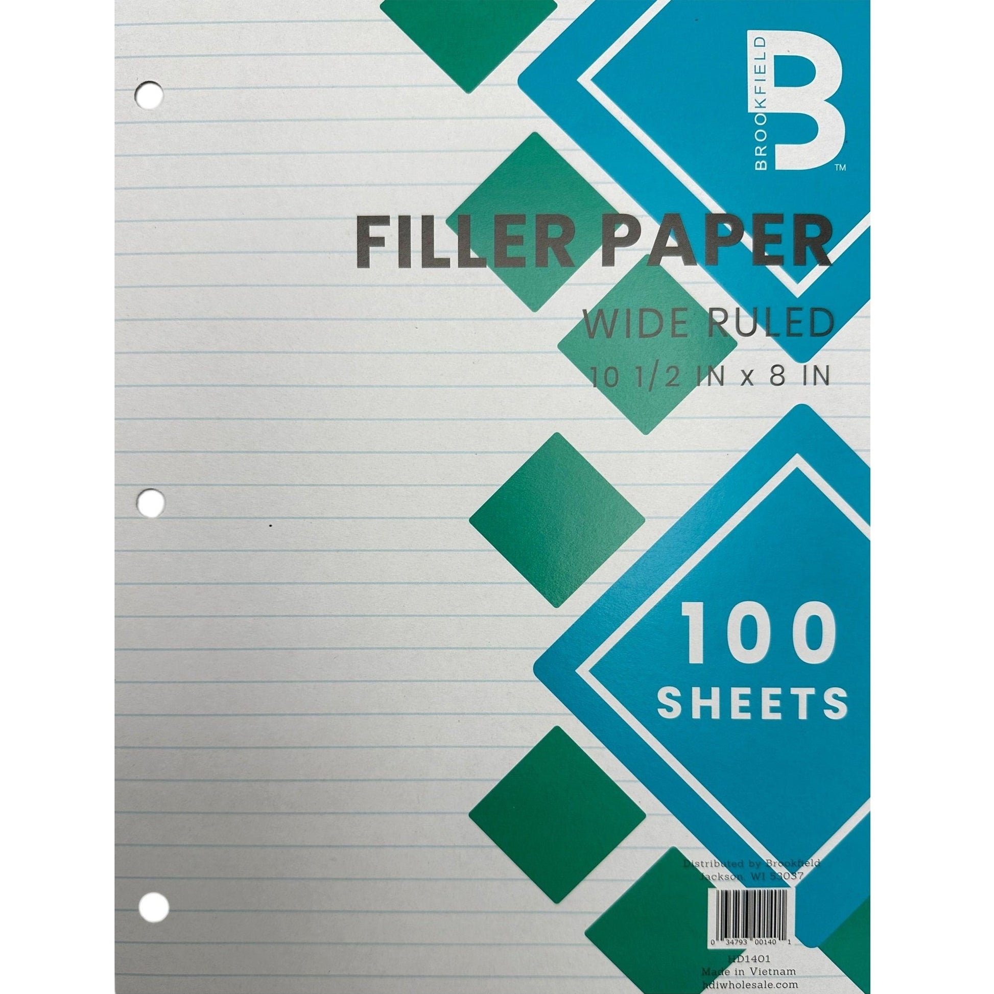 Package of lined filler paper with blue and green graphic design.