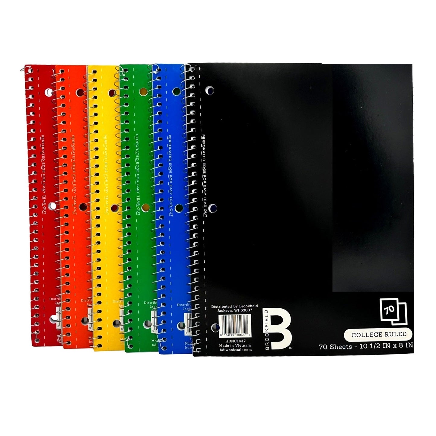 A row of rainbow-colored notebooks, red, orange, yellow, green, blue, and black, with a "Brookfield" brand logo and "College Ruled" label.