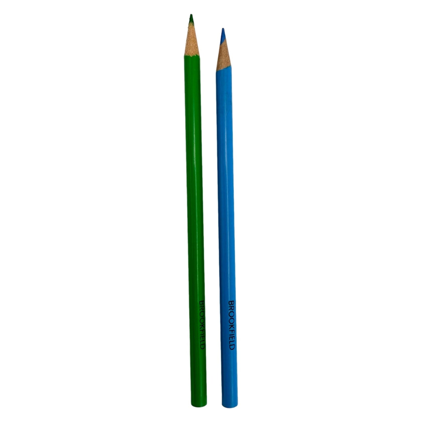 Two colored pencils, green and blue, upright.