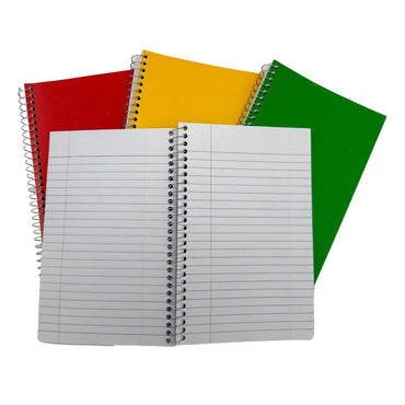 Stack of spiral notebooks with red, yellow, green, and lined white covers.