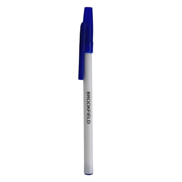 Blue and white pen with "BROOKFIELD" printed on the side.
