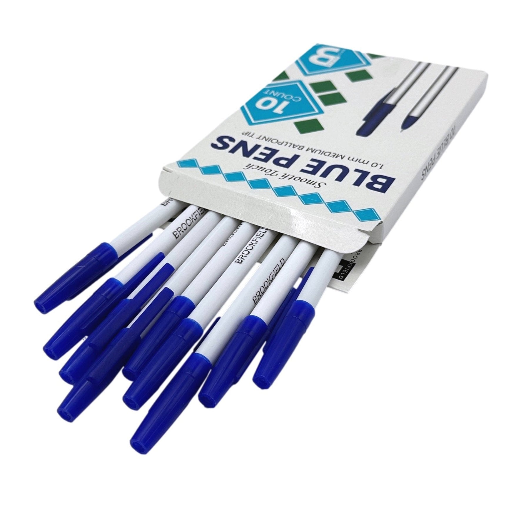 Close-up of a box of blue "Brookfield" pens with white shafts and blue caps.