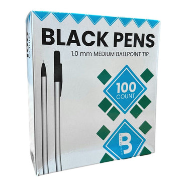 Box of 100 black ballpoint pens.