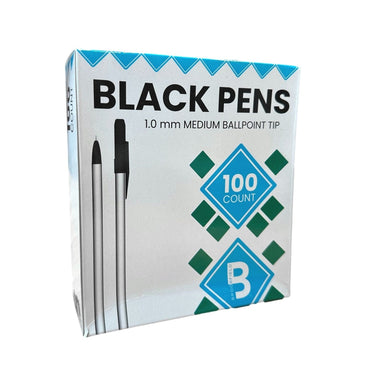 Box of 100 black ballpoint pens.