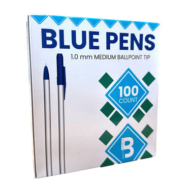 Box of blue pens.