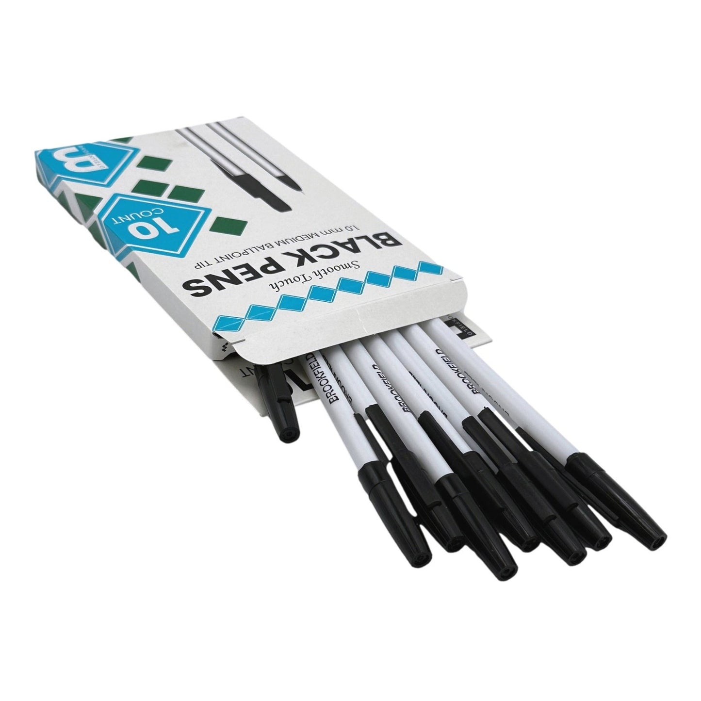 A box of black pens with white barrels and black caps.