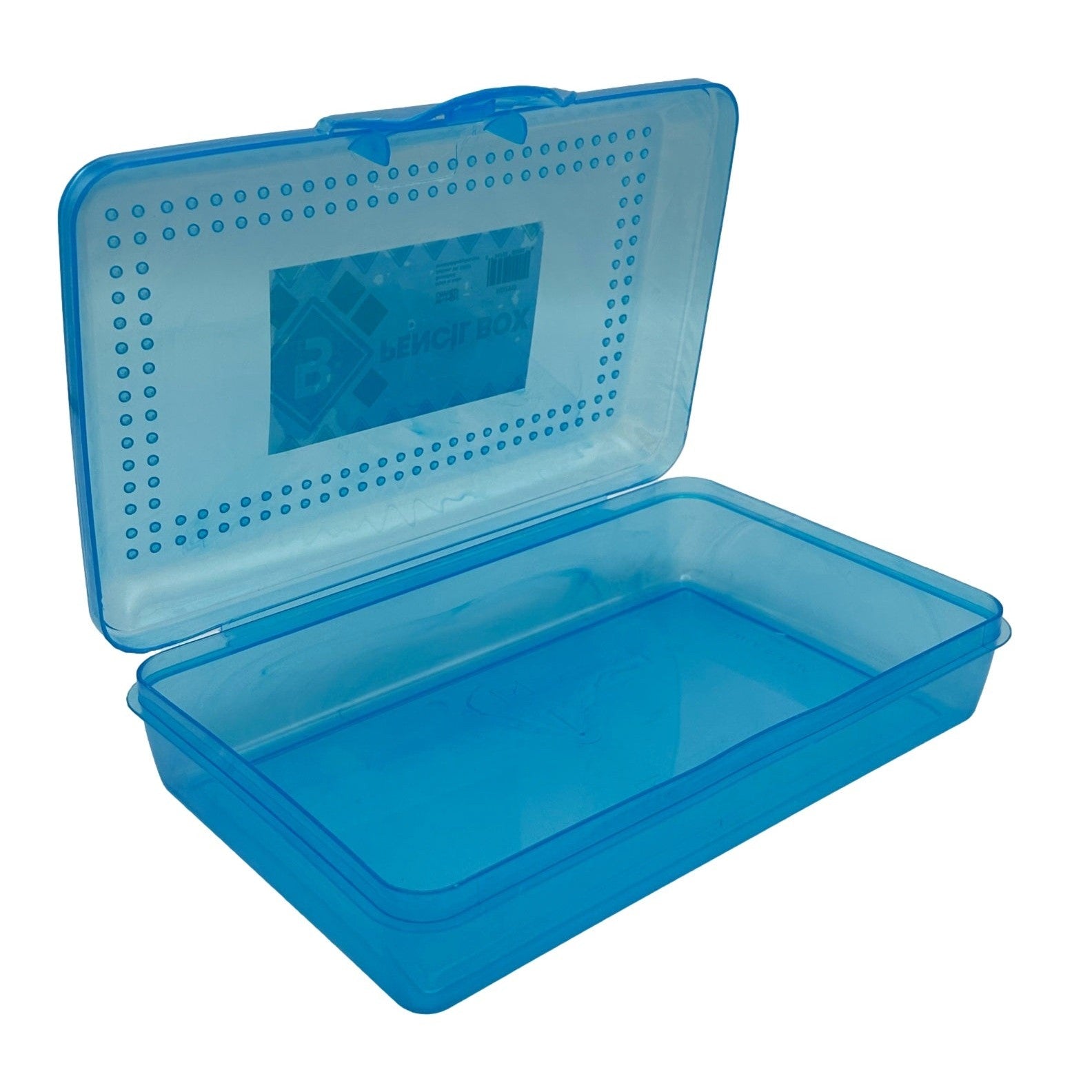 Open blue plastic pencil box.