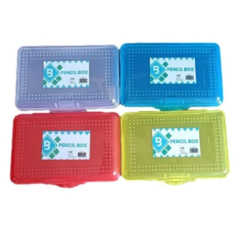 Four rectangular pencil boxes in transparent light blue, dark blue, red, and yellow.