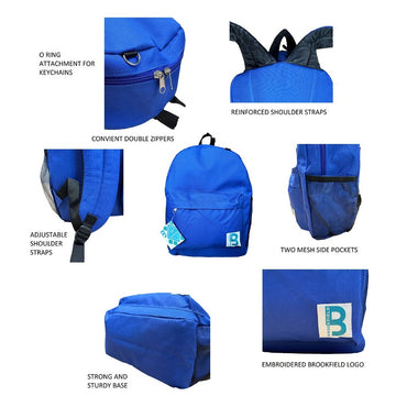 Blue backpack with various feature callouts.