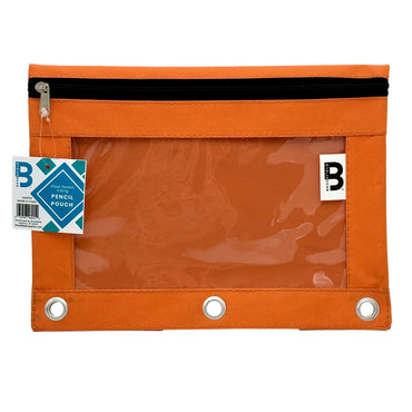 Orange Brookfield pencil pouch with clear pocket and black zipper.