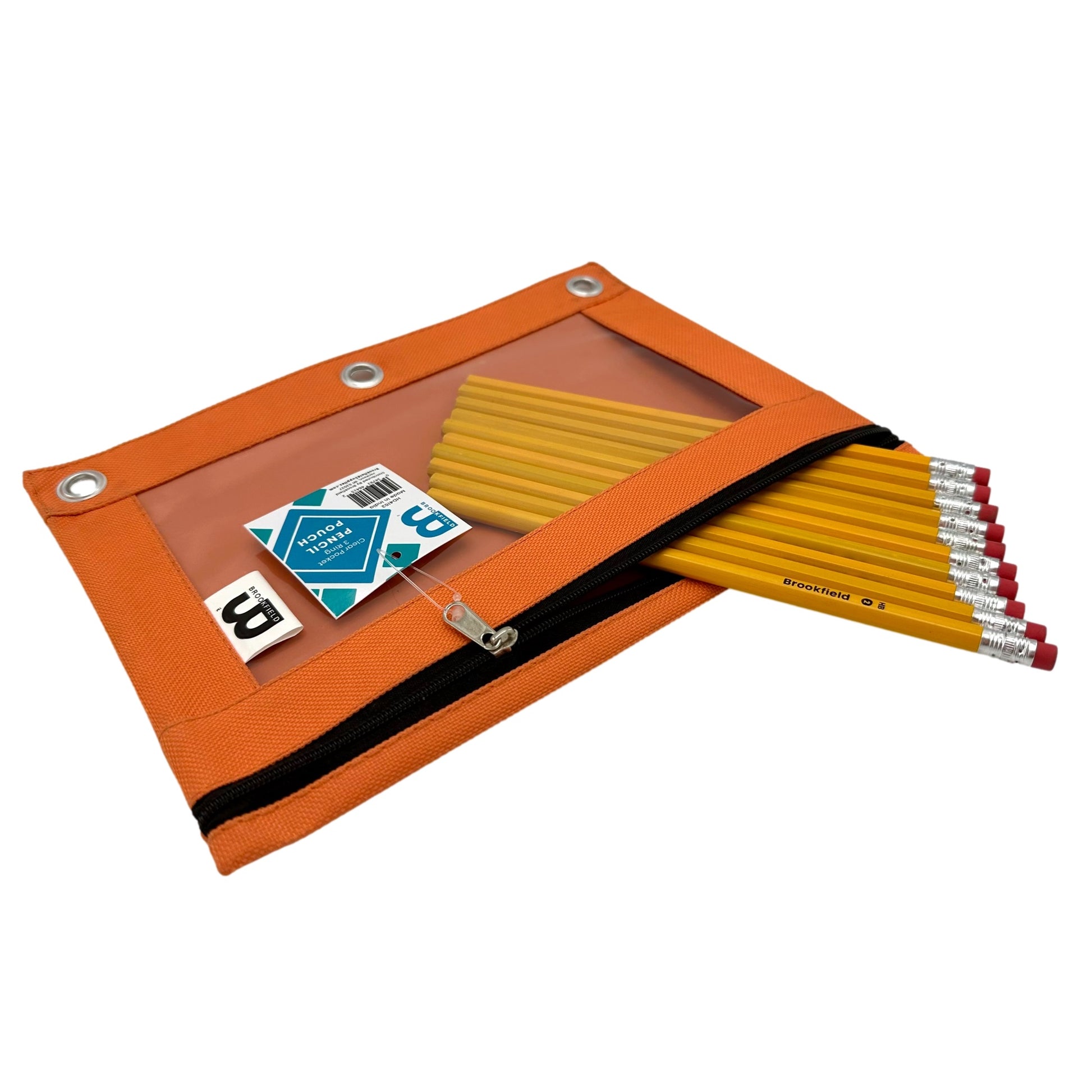 An orange pencil pouch with pencils.