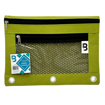 Lime green pencil pouch with black zipper and mesh window.