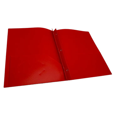 Open red three-prong paper folder.