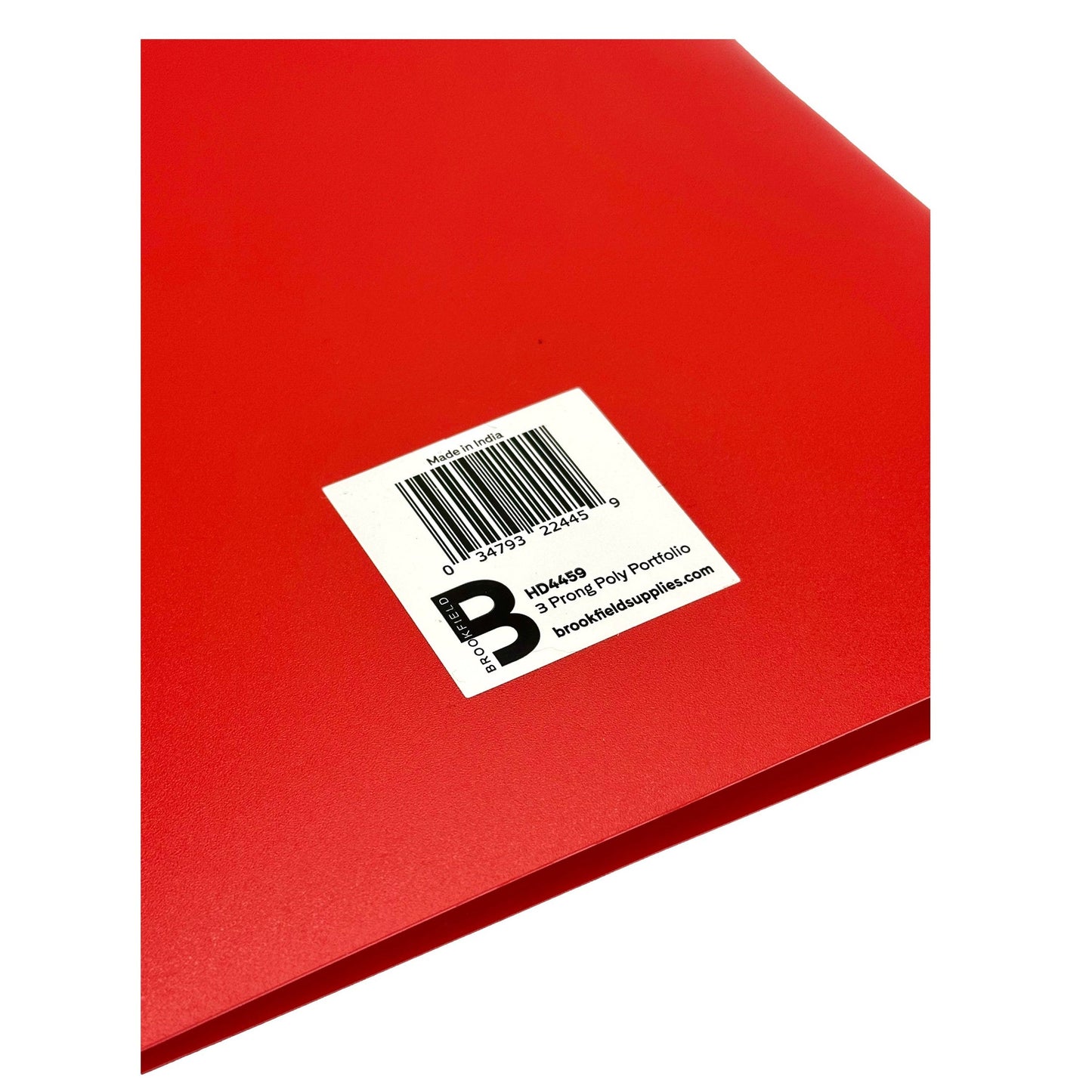 Red poly portfolio with a label.