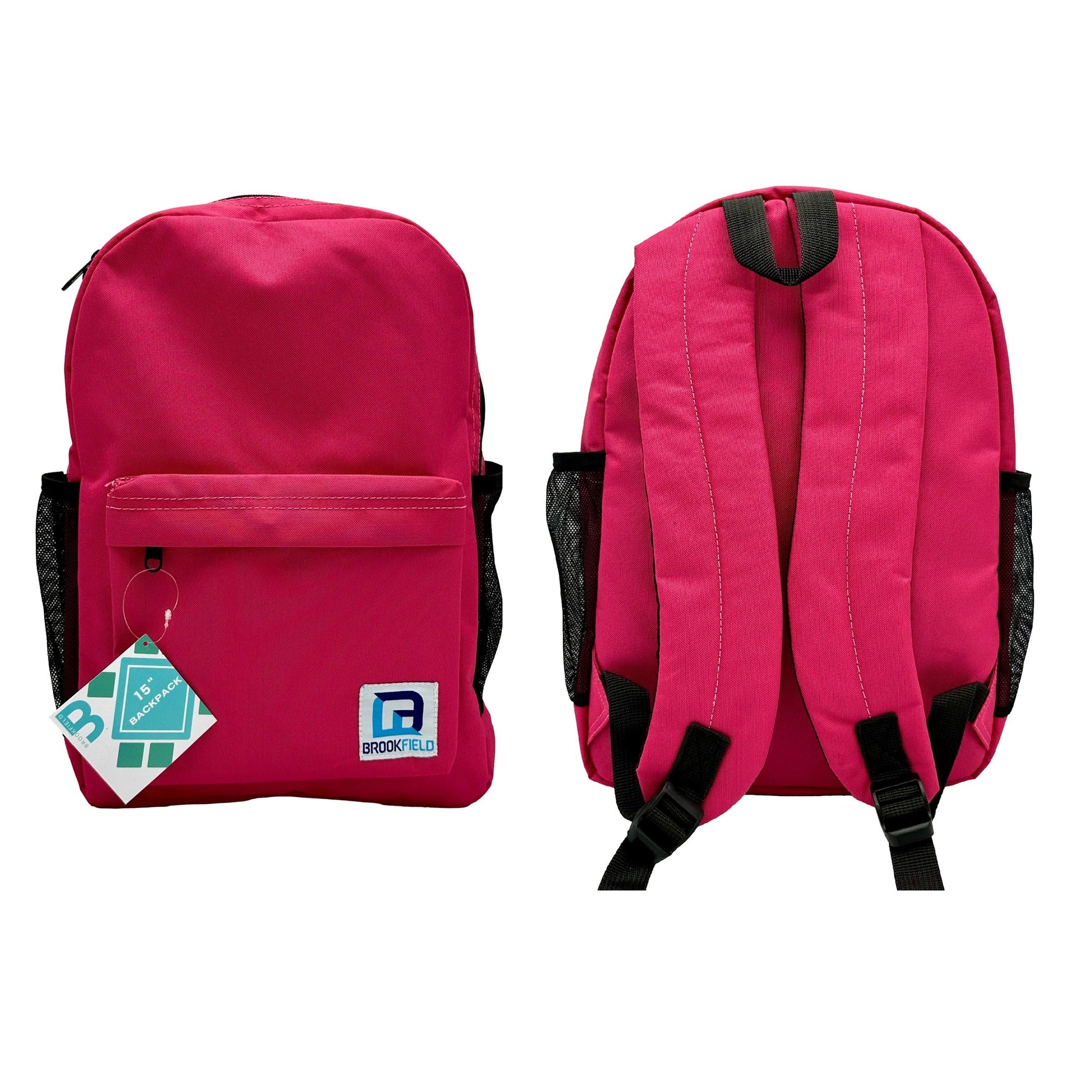 Two views of a pink backpack with black straps.
