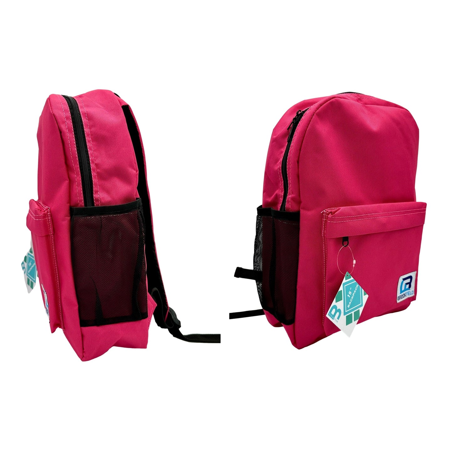 Two pink backpacks with black mesh pockets and tags.