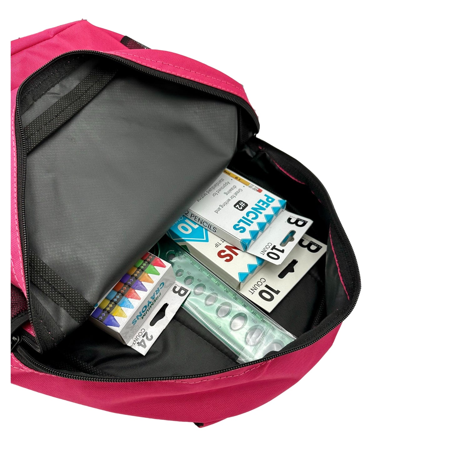 Open pink backpack with school supplies inside.