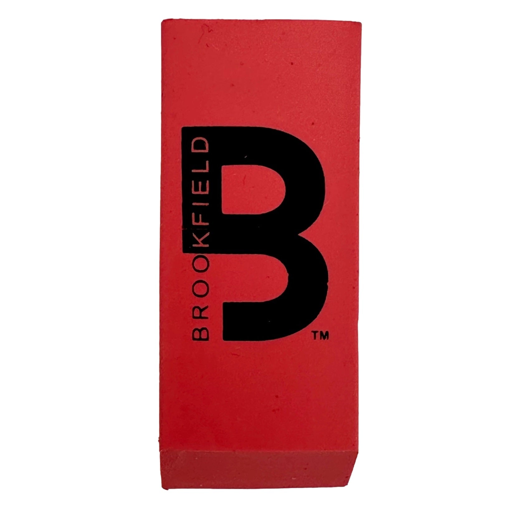 Red eraser with black "Brookfield B" logo.