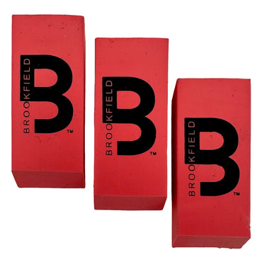 Three red erasers with black "Brookfield" logo.