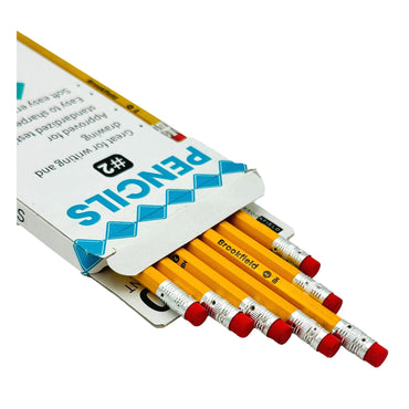 A box of yellow pencils with red erasers.