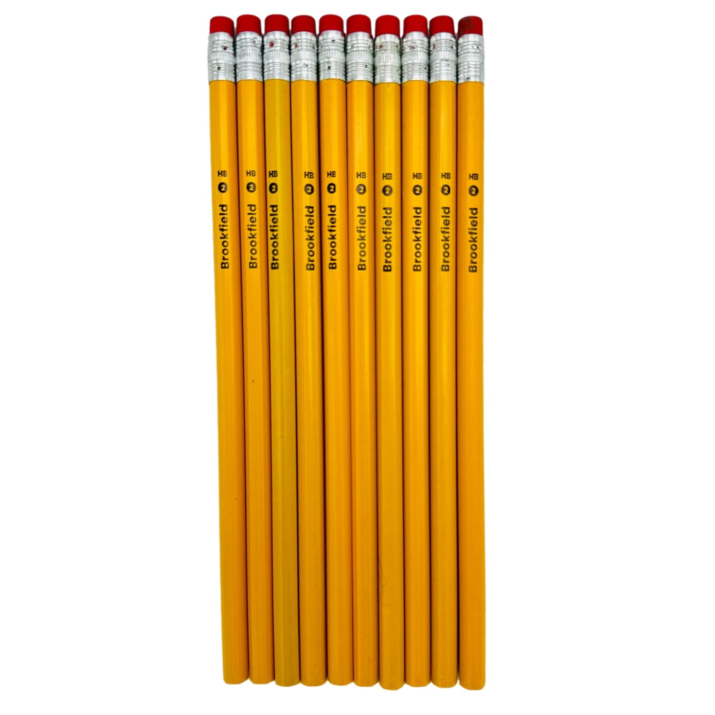 Twelve yellow pencils with red erasers, arranged vertically.