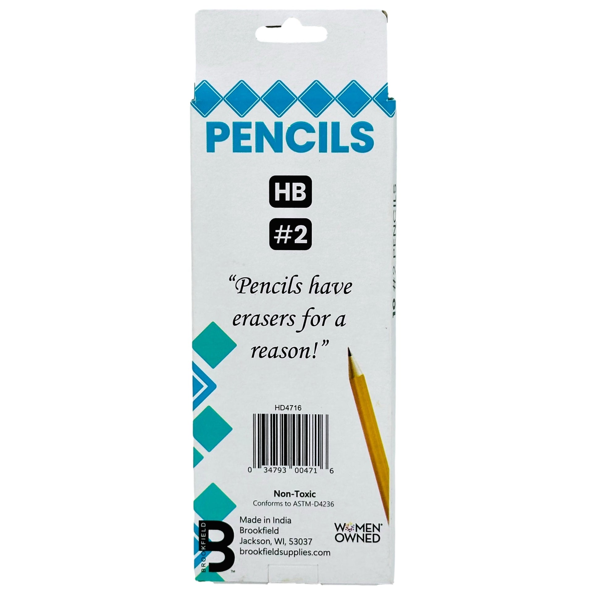 A box of HB #2 pencils from Brookfield. The box is white with blue accents and includes the phrase "Pencils have erasers for a reason!". The pencils are non-toxic and made in India. The product is also certified as women-owned.