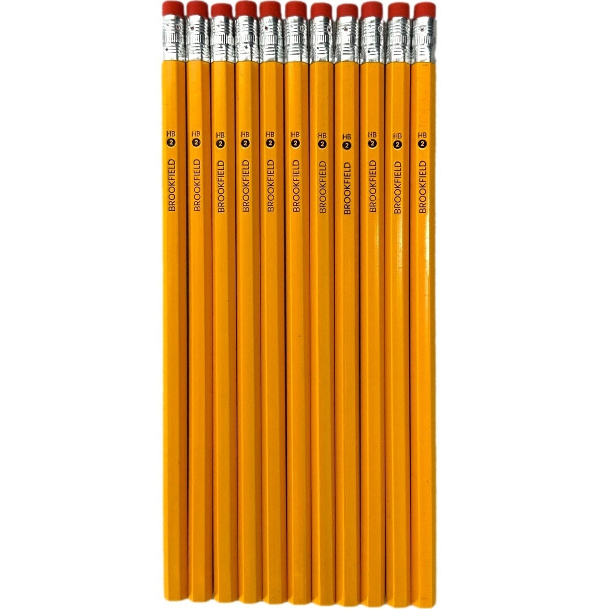A collection of yellow, HB-graded "Brookfield" pencils with red erasers.