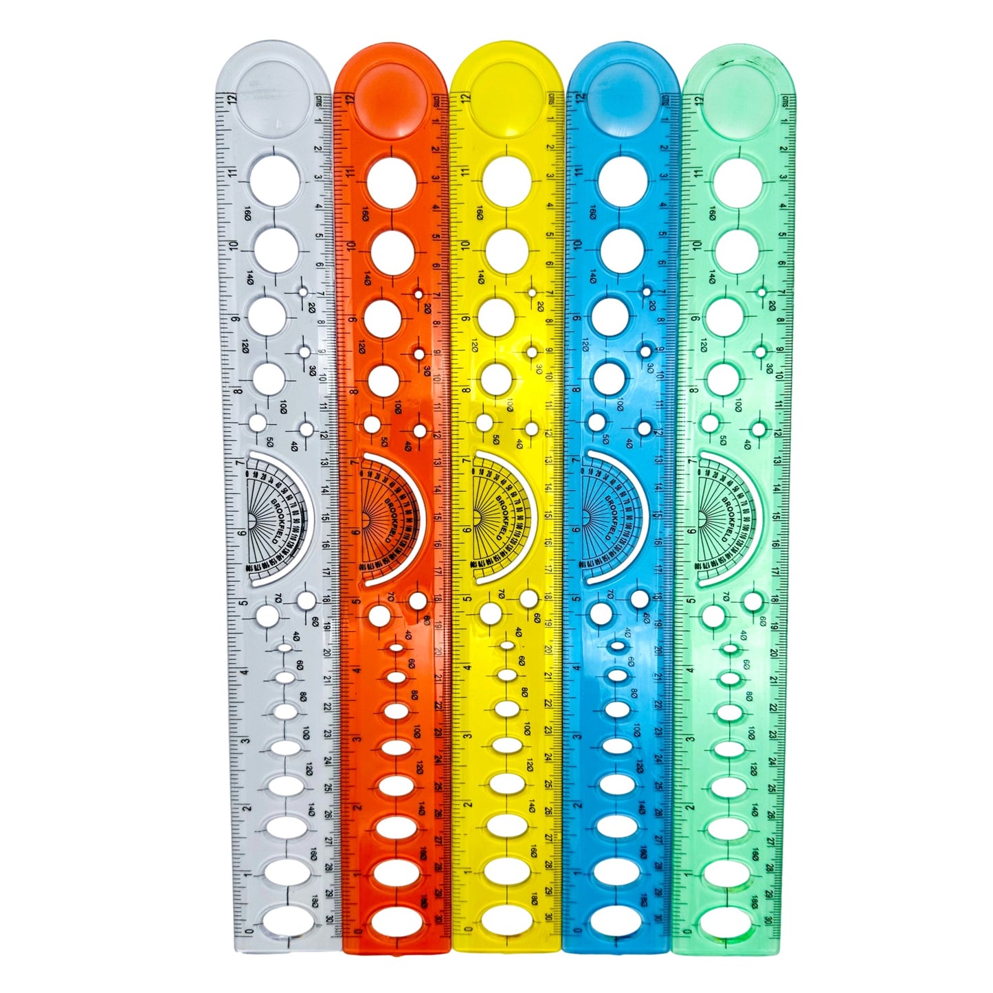 Five colorful rulers.