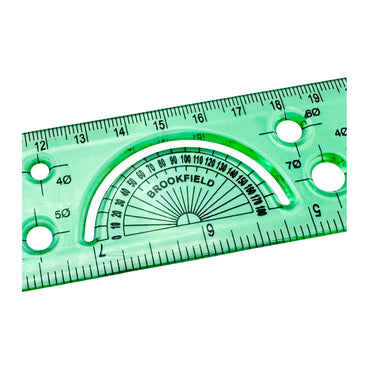 Green plastic ruler and protractor.