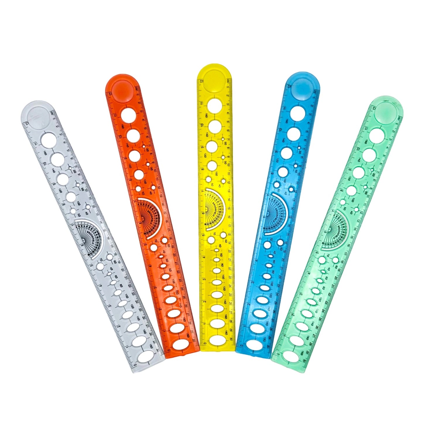Five colorful rulers of varying designs and shades.