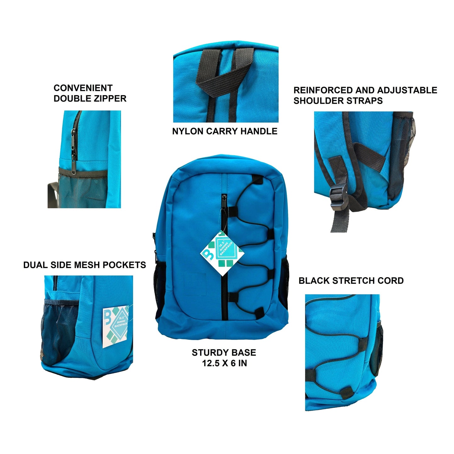 Turquoise backpack with black accents.