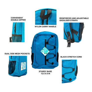 Turquoise backpack with black accents.