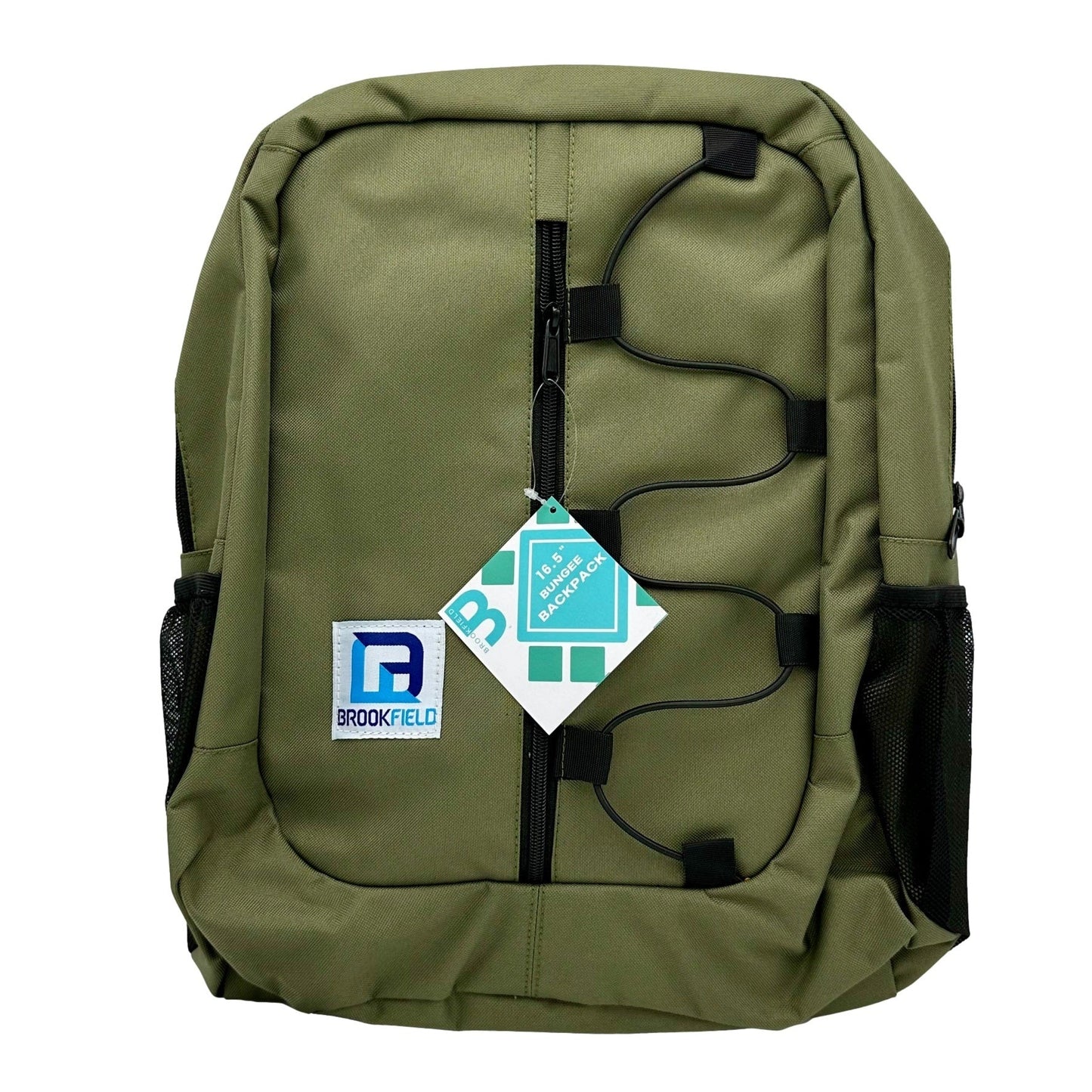 Olive green backpack with black bungee cords and mesh side pockets.