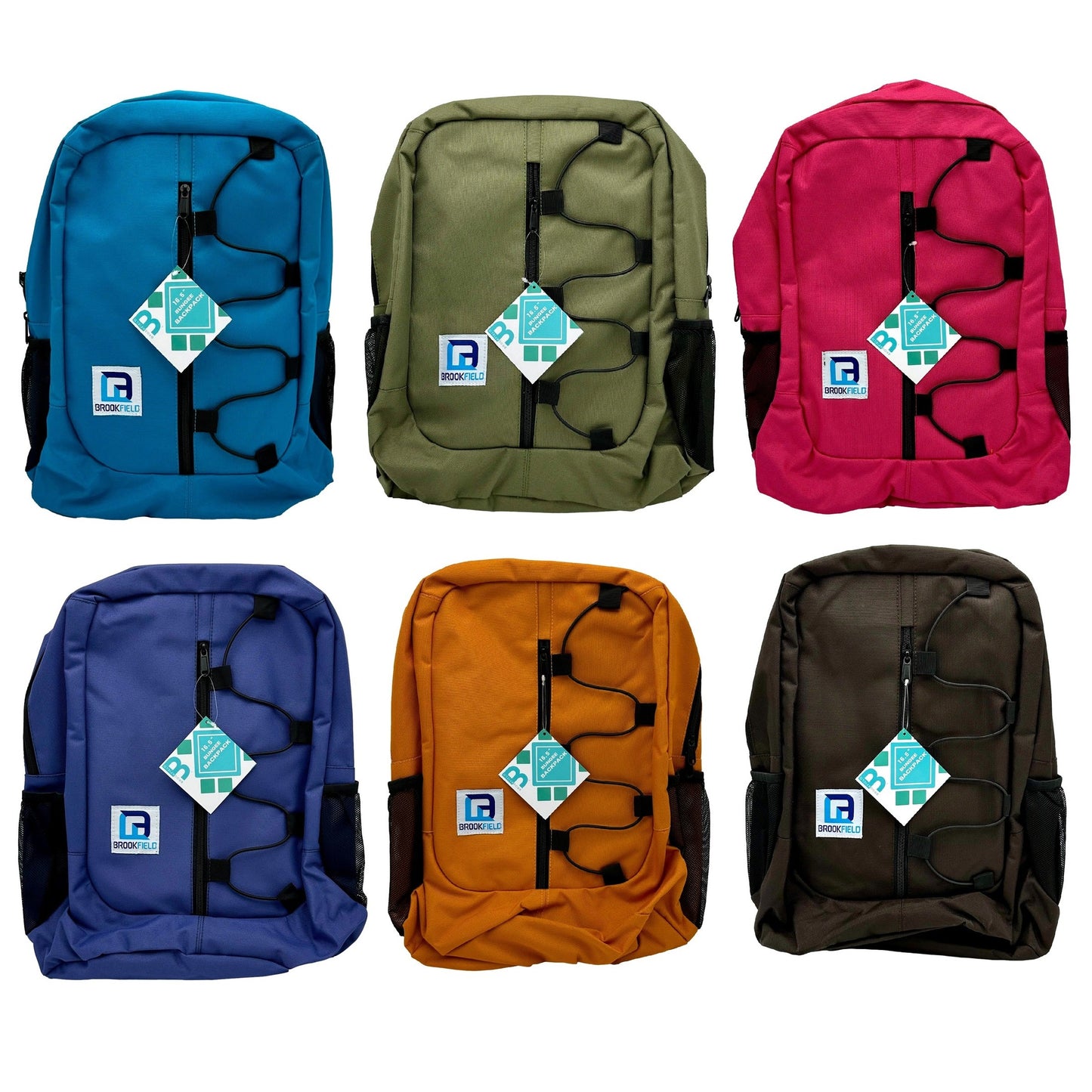 Six colorful backpacks: blue, green, pink, purple, orange, and brown. Each has a front zipper, bungee cords, side pockets, and a "Brookfield" brand label.