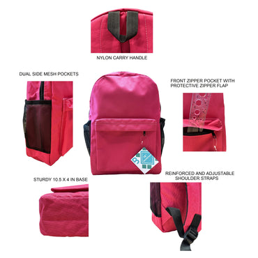 Pink backpack with mesh pockets, carry handle, zipper flap, and adjustable shoulder straps.