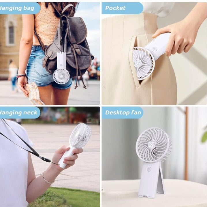 Four-paneled product image showing the portability and versatility of a small, handheld, white fan.