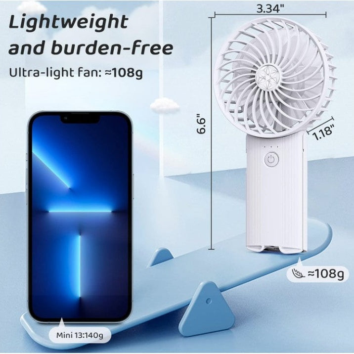 Promotional image of a white, handheld fan with measurements (6.6" height, 3.34" width, 1.18" handle width) balanced against a smartphone on a seesaw, with text highlighting the fan's lightweight nature.
