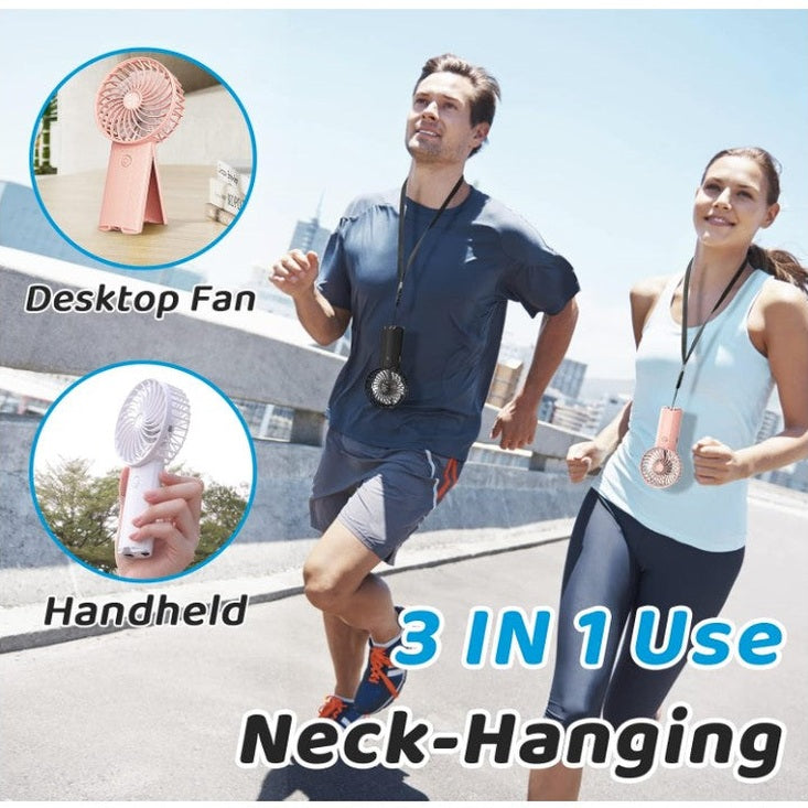 Two people jogging with neck fans. One fan is pink and one is black. There are circular insets describing a pink fan as a desktop fan and a white fan as a handheld.