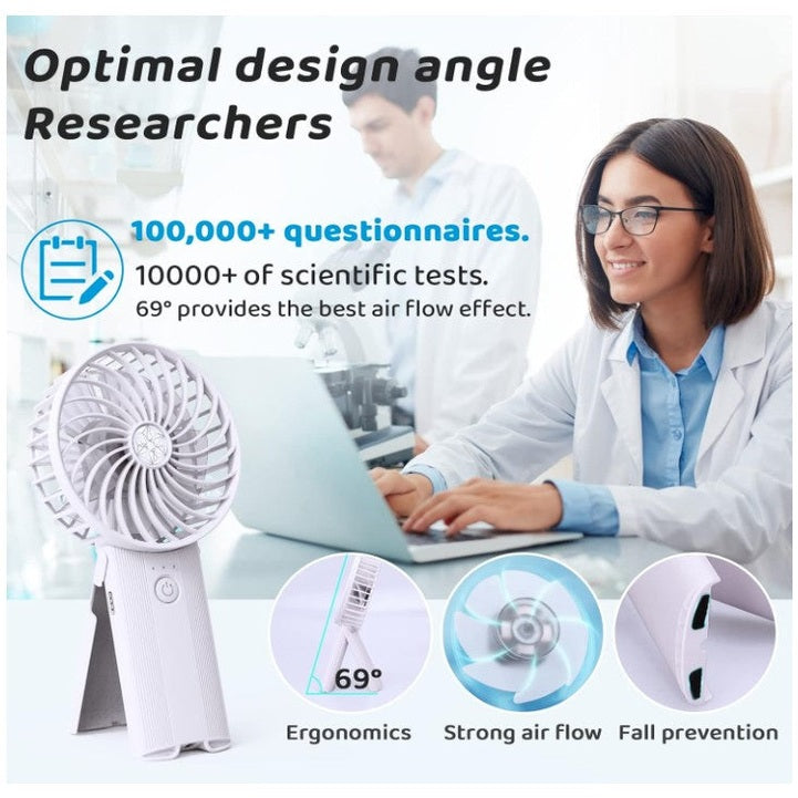 A white, portable fan is shown in front of two researchers in lab coats. One researcher is using a laptop and the other is standing behind her. Text above the fan describes it as having an optimal design angle and being the result of 100,000+ questionnaires and 10000+ scientific tests. The fan's features are also highlighted at the bottom of the image: ergonomics, strong air flow, and fall prevention.