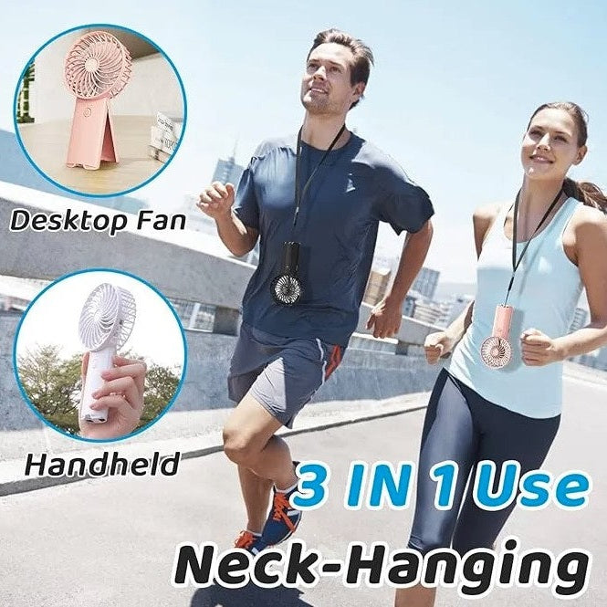 Two people jogging while wearing personal fans as necklaces; fans can also be used as handheld or desktop devices.