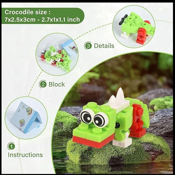 Lego-style green and red toy crocodile on moss. Product instructions and parts displayed.