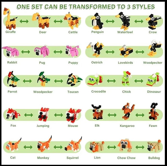 An infographic displays how building blocks can be transformed into animal shapes, including a giraffe, deer, cattle, penguin, crow, rabbit, pug, puppy, ostrich, lovebirds, woodpecker, parrot, toucan, crocodile, chick, dinosaur, fox, mouse, elk, kangaroo, fawn, cat, monkey, squirrel, lion, chow chow, and bulldog.
