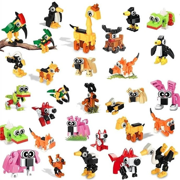 An eye-level product shot shows a collection of cartoonish toy animals constructed of building blocks and arranged on a white background.