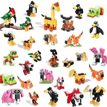 An eye-level product shot shows a collection of cartoonish toy animals constructed of building blocks and arranged on a white background.